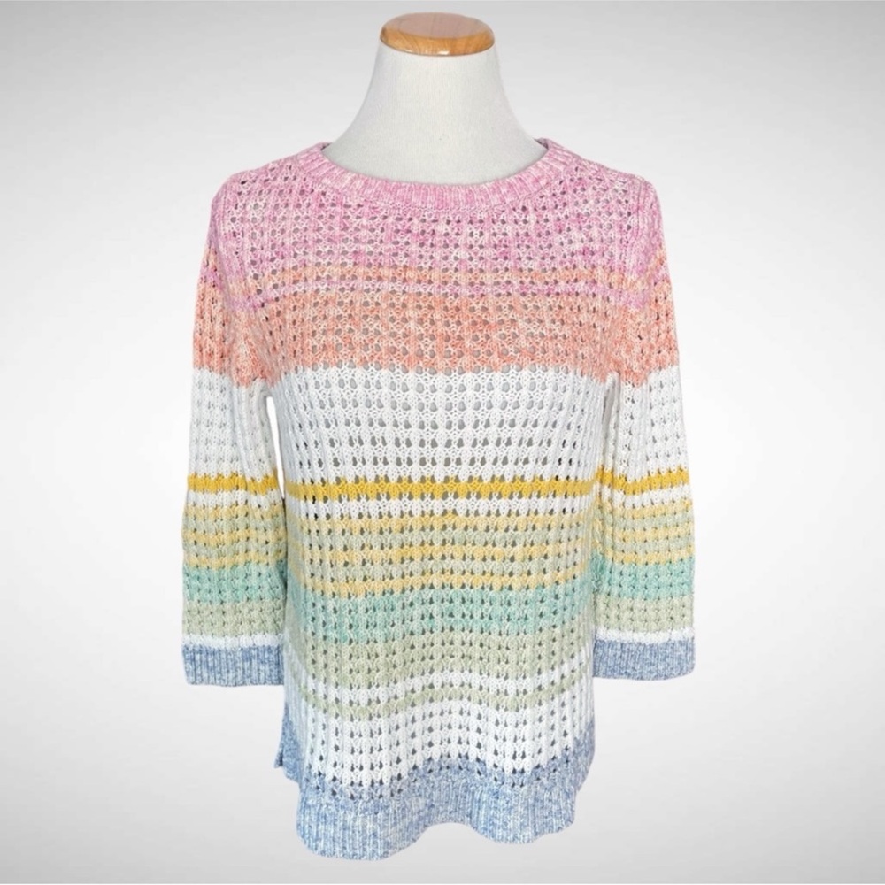 Talbots Pastel Striped Open Stitch Cotton Sweater 3/4-Sleeves